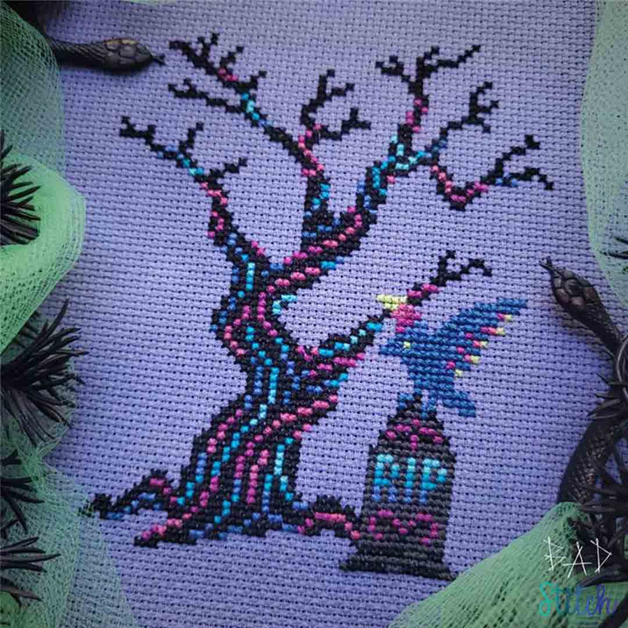A stitched preview of the counted cross stitch pattern Electric Elegy by BAD Stitch