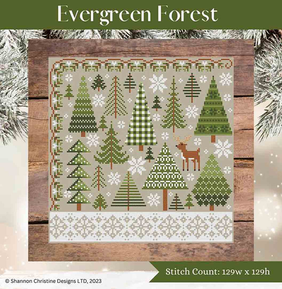 A stitched preview of the counted cross stitch pattern Evergreen Forest by Shannon Christine Designs