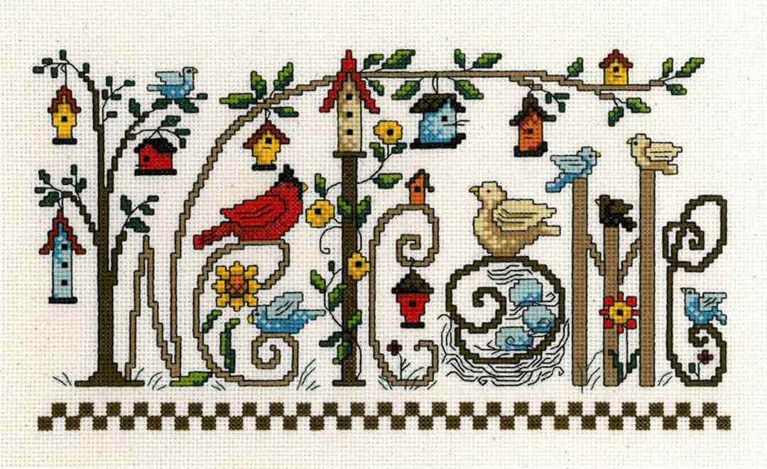A stitched preview of the counted cross stitch pattern Every Bird Welcome by Diane Arthurs