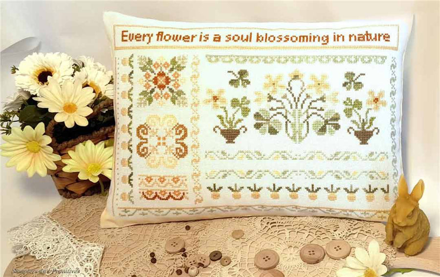 A stitched preview of the counted cross stitch pattern Every Flower Is A Soul by Samplers and Primitives