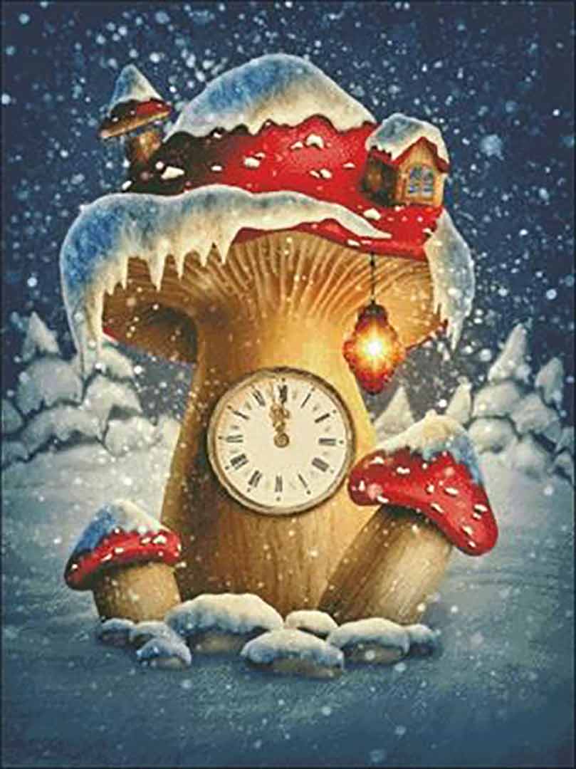 A stitched preview of the counted cross stitch pattern Fairy Village Clock by Charting Creations