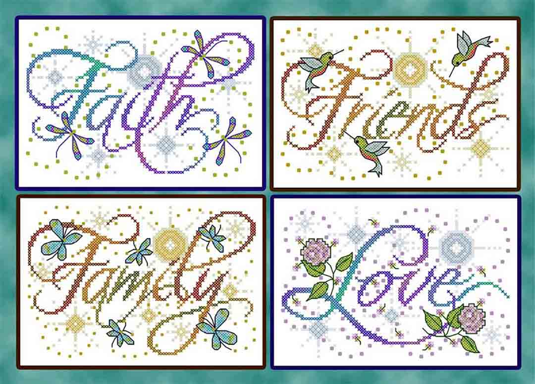 A stitched preview of the counted cross stitch pattern Faith, Love, Family, Friends by Joan A Elliott