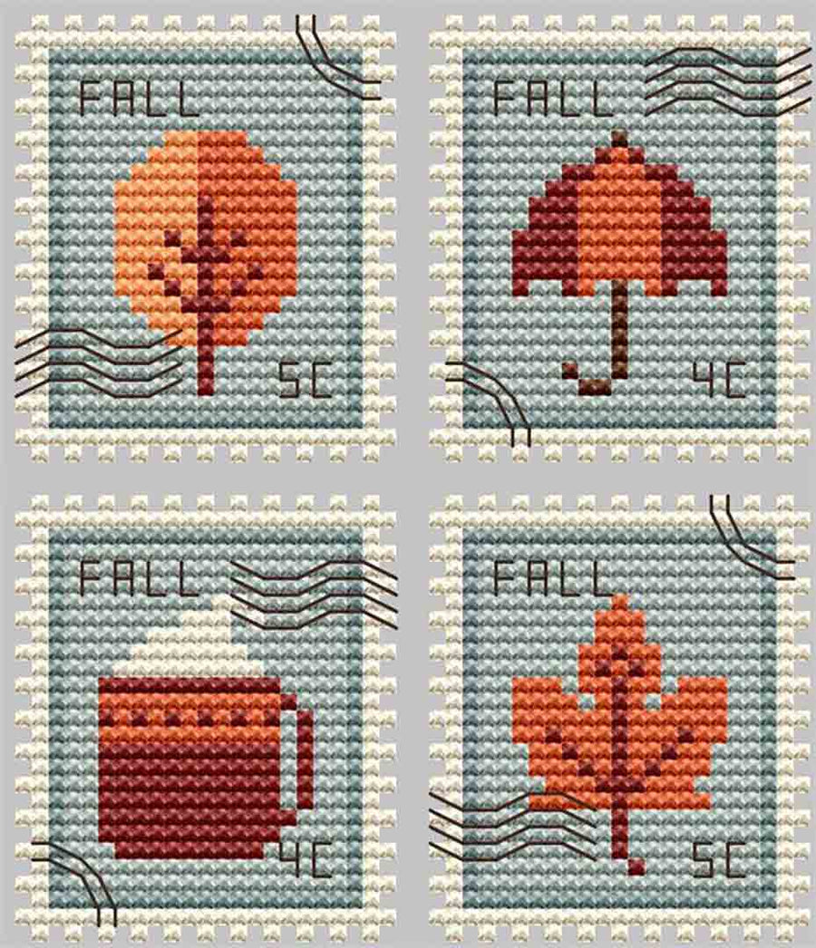 A stitched preview of the counted cross stitch pattern Fall Postage Stamps by Kate Spiridonova