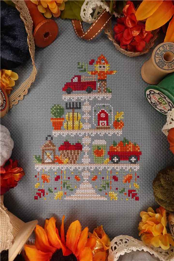 A stitched preview of the counted cross stitch pattern Fall Tier by Erin Elizabeth Designs