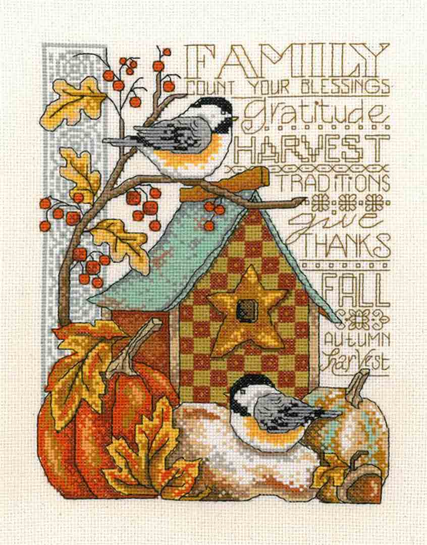 A stitched preview of the counted cross stitch pattern Family Blessing by Diane Arthurs