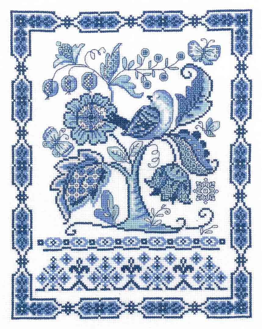A stitched preview of the counted cross stitch pattern Fantasy In Blue by Diane Arthurs