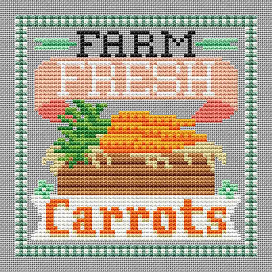A stitched preview of the counted cross stitch pattern Farm Fresh Carrots by Erin Elizabeth Designs