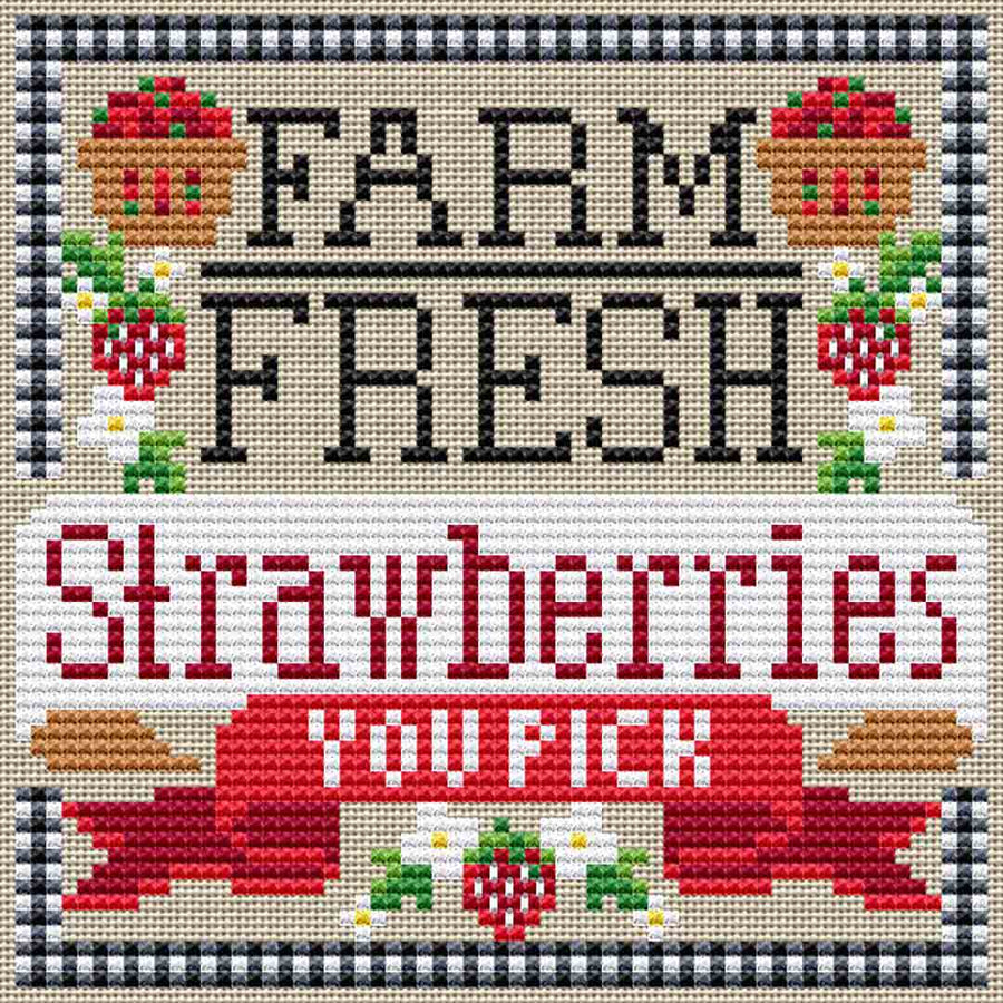 A stitched preview of the counted cross stitch pattern Farm Fresh Strawberries by Erin Elizabeth Designs
