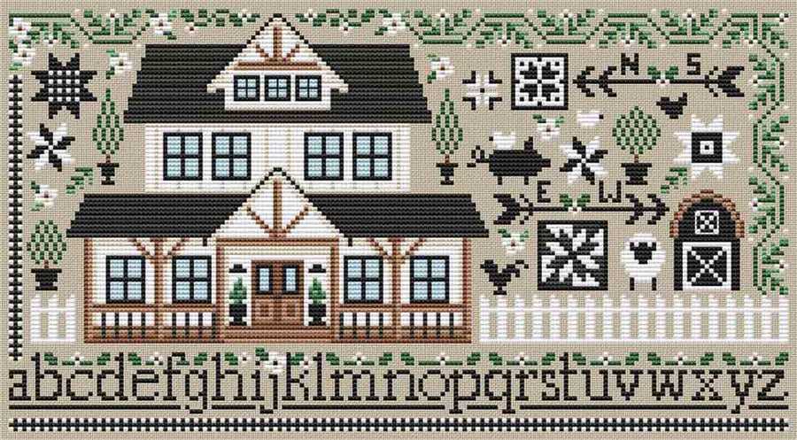 A stitched preview of the counted cross stitch pattern Farmhouse Sampler by Erin Elizabeth Designs