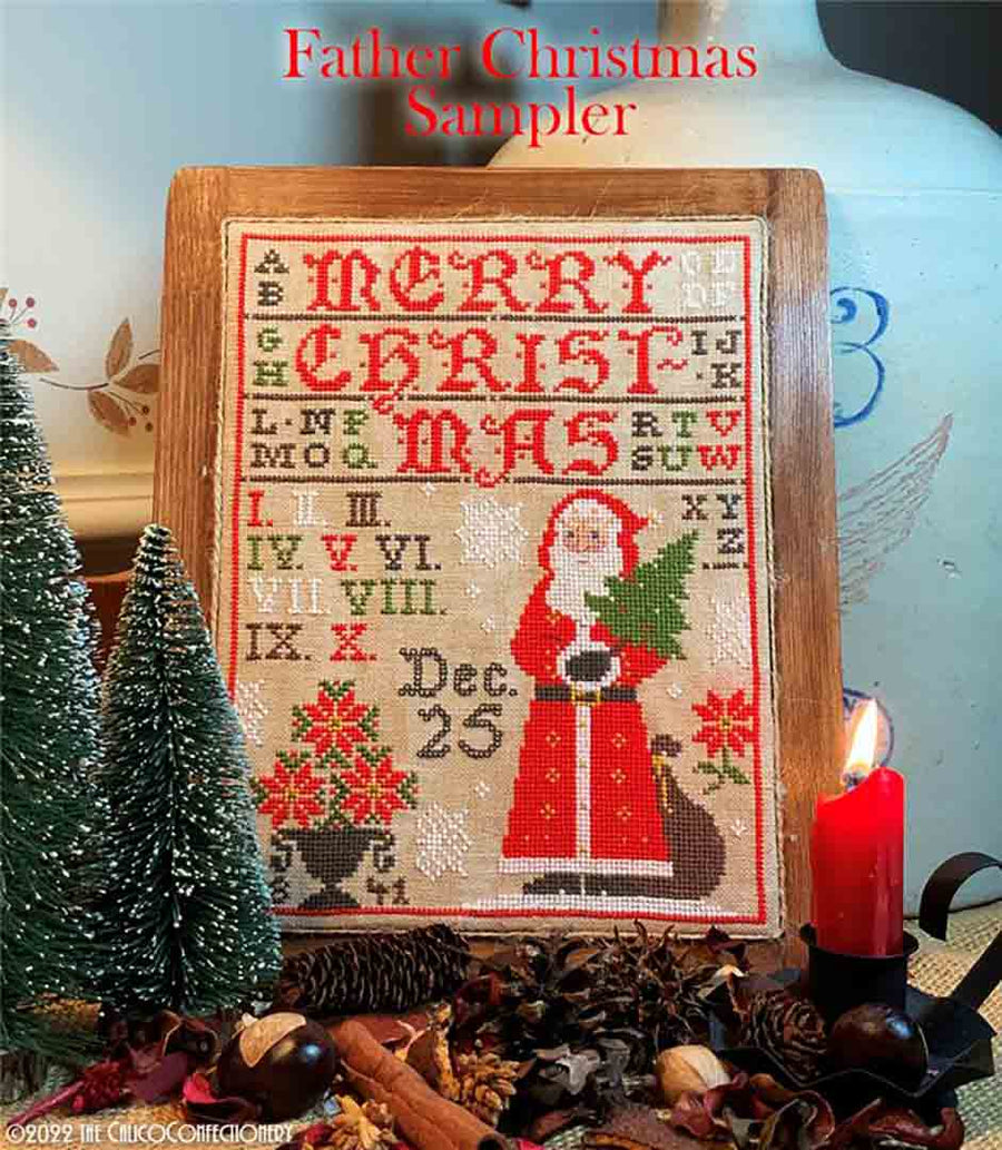 A stitched preview of the counted cross stitch pattern Father Christmas Sampler by The Calico Confectionery