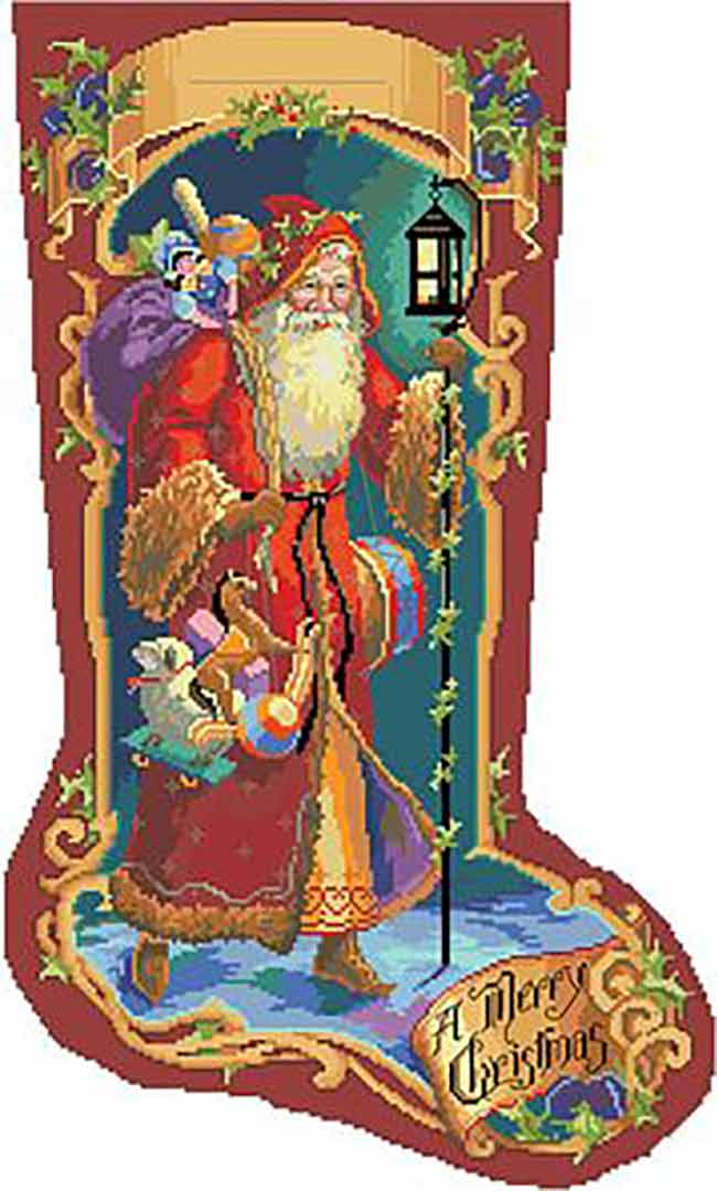 A stitched preview of the counted cross stitch pattern Father Christmas Stocking by Kooler Design Studio