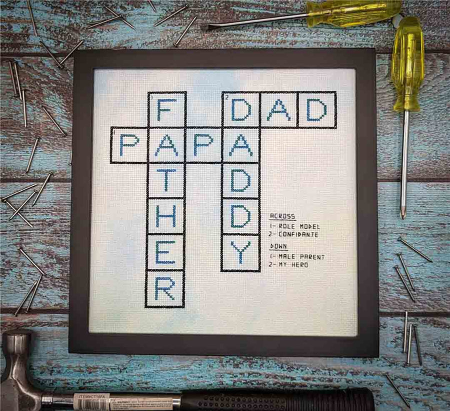 A stitched preview of the counted cross stitch pattern Father Crossword by KEB Studio Creations