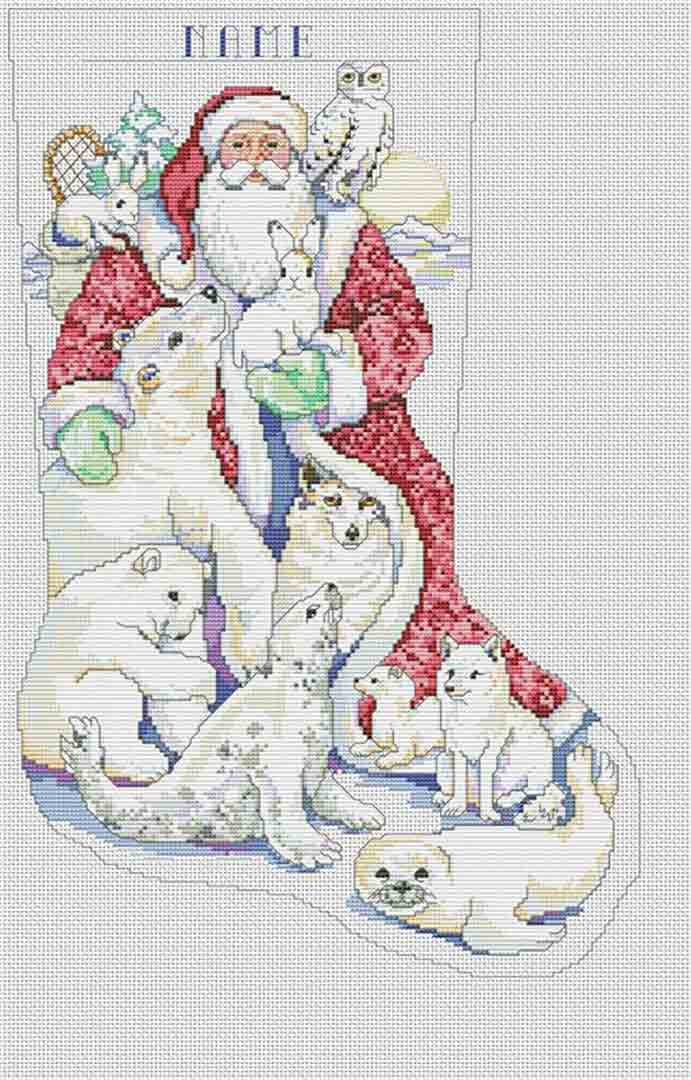 A stitched preview of the counted cross stitch pattern Father Winter And Friends Stocking by Kooler Design Studio
