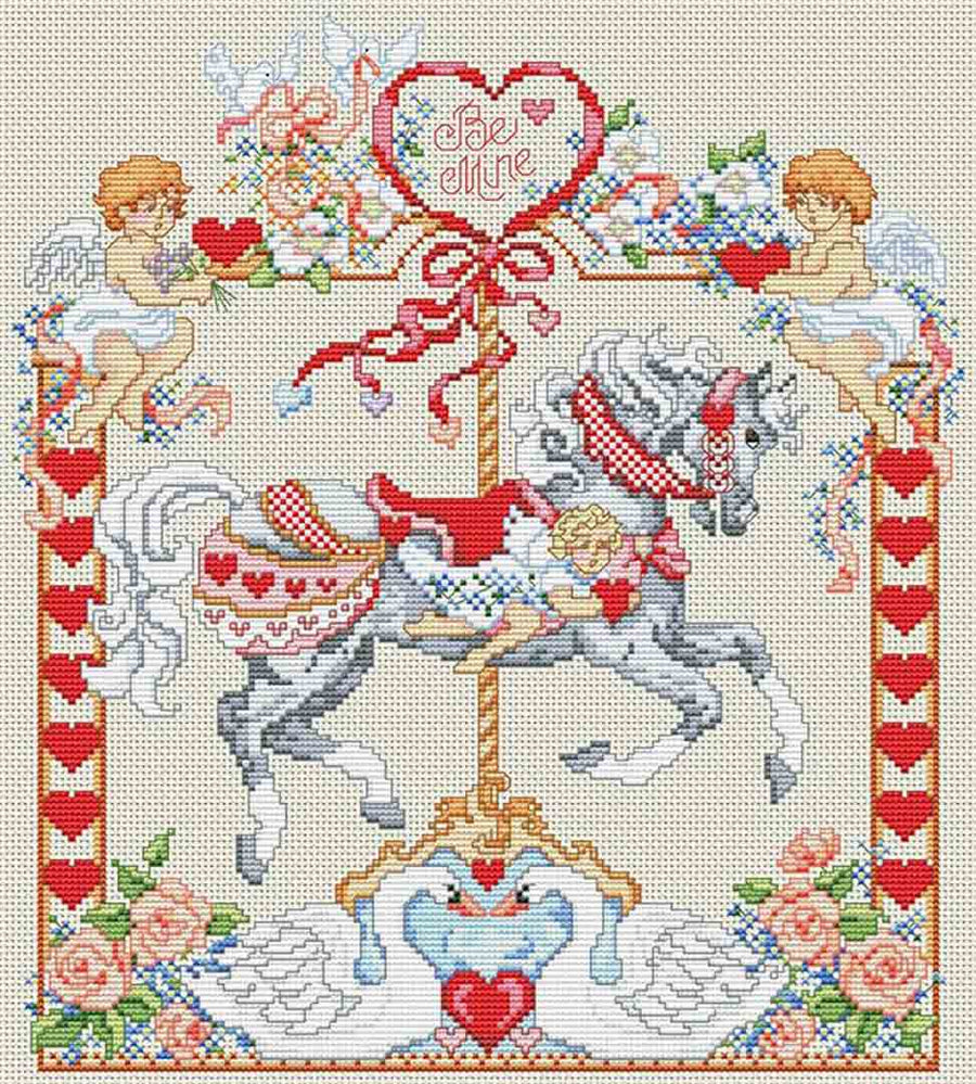 A stitched preview of the counted cross stitch pattern February Forever Carousel Horse by Kooler Design Studio