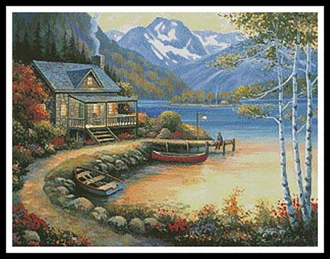 A stitched preview of the counted cross stitch pattern Fishing At The Lake by Artecy Cross Stitch