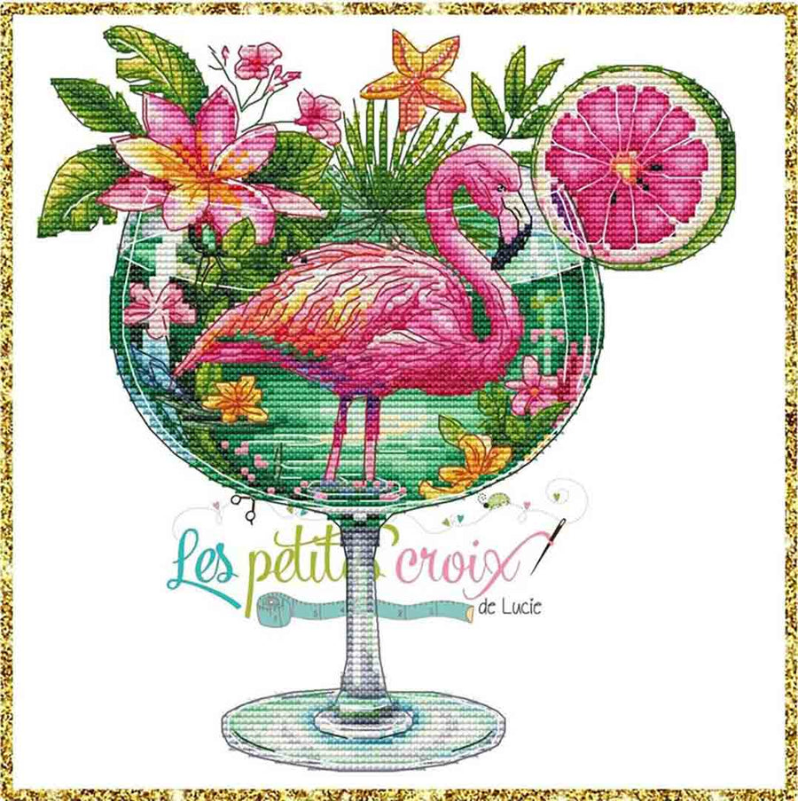 A stitched preview of the counted cross stitch pattern Flamingo Cocktail by Les Petites Croix De Lucie