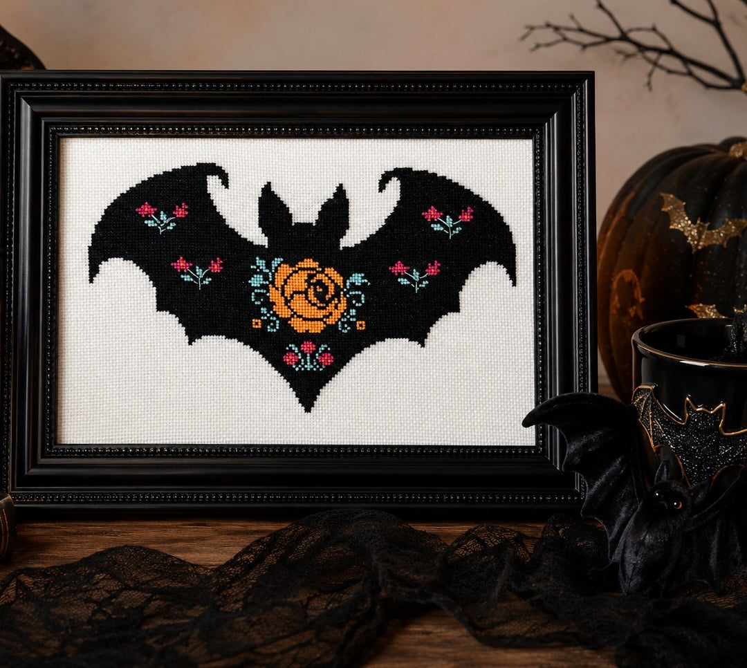 Floral Bat: Counted Cross Stitch Pattern and Kit