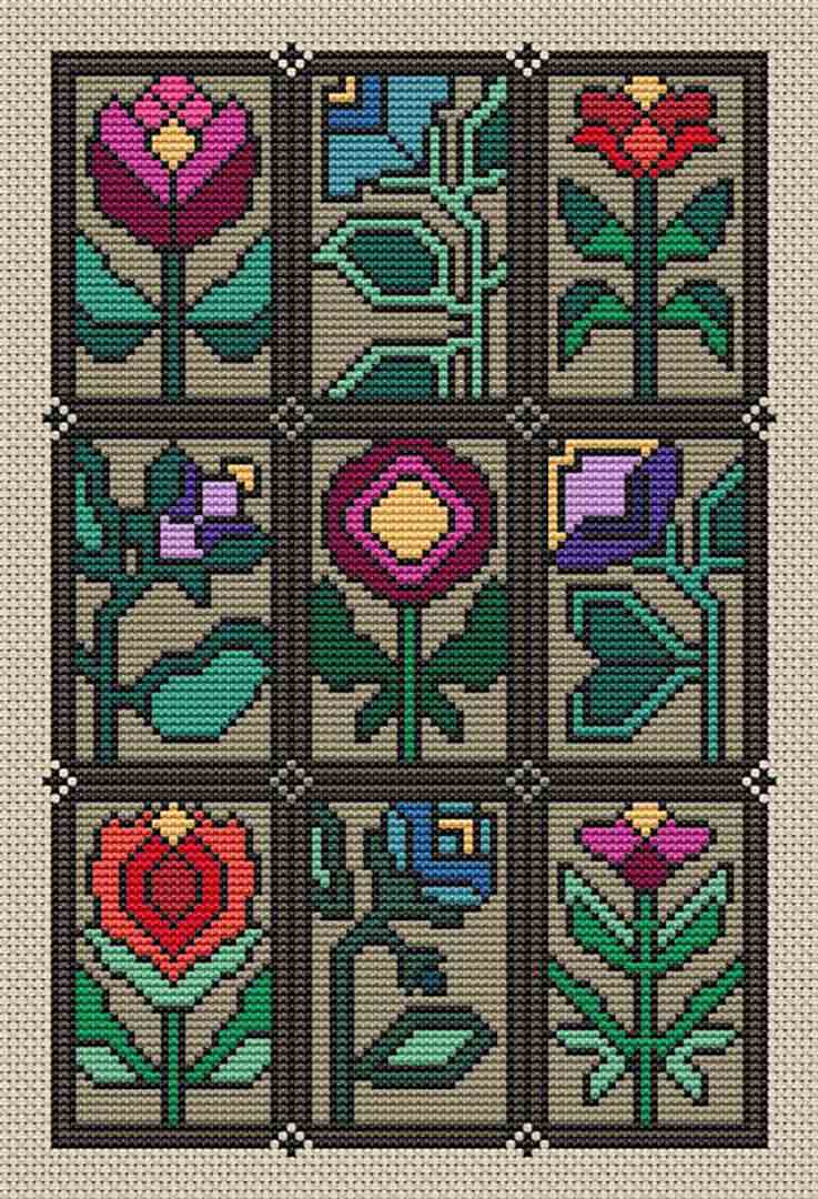 A stitched preview of the counted cross stitch pattern Floral Glass by Carolyn Manning Designs