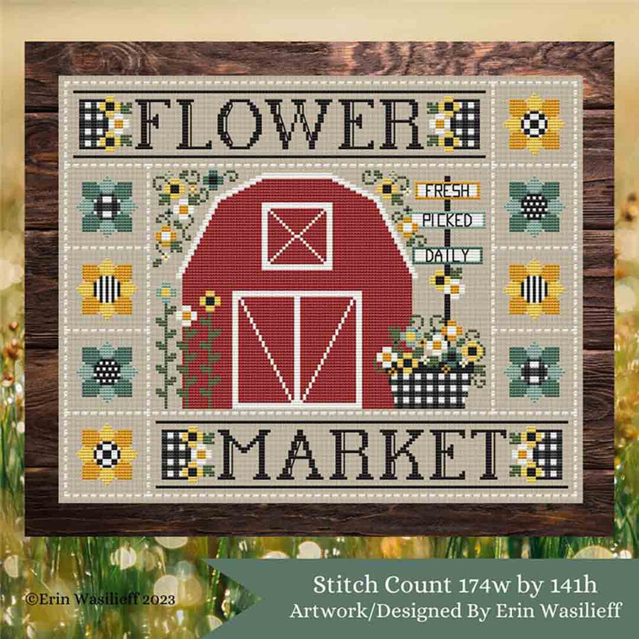 A stitched preview of the counted cross stitch pattern Flower Market by Erin Elizabeth Designs