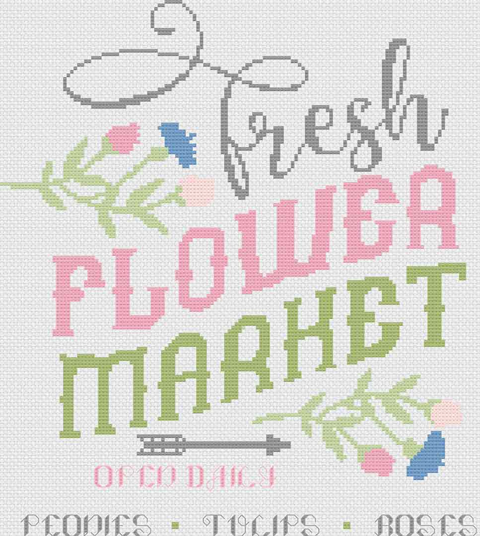 A stitched preview of the counted cross stitch pattern and kit "Flower Market" by Stitch Wit