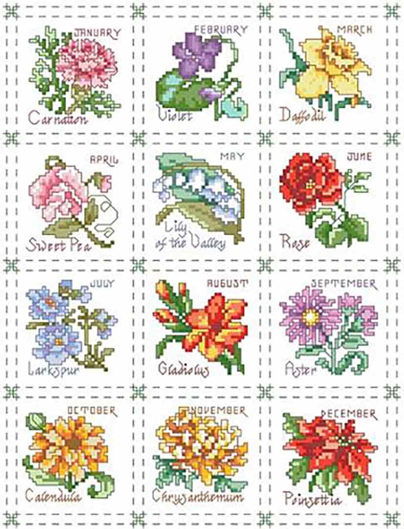 A stitched preview of the counted cross stitch pattern Flower Of The Month Sampler by Kooler Design Studio