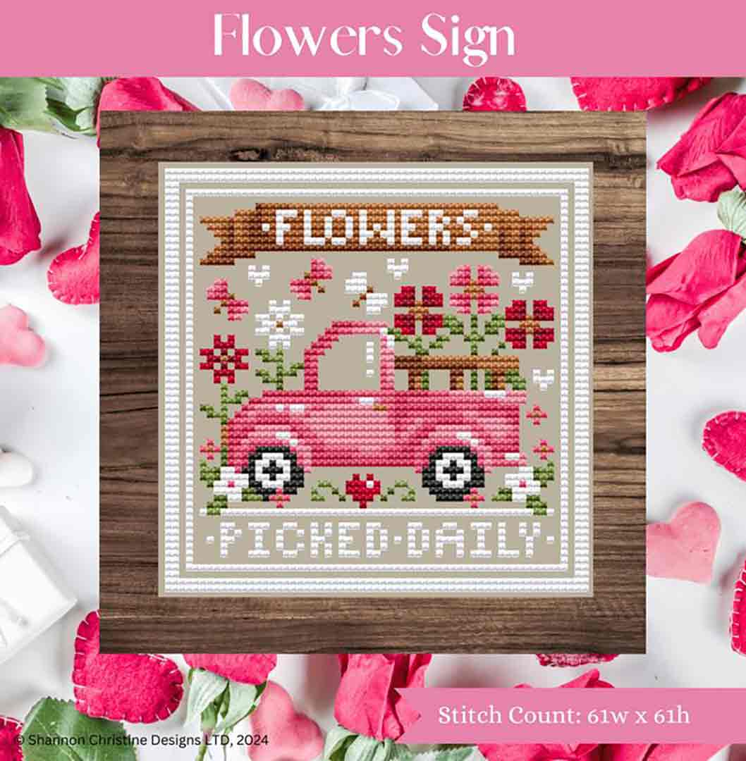 A stitched preview of the counted cross stitch pattern Flowers Sign by Shannon Christine Designs
