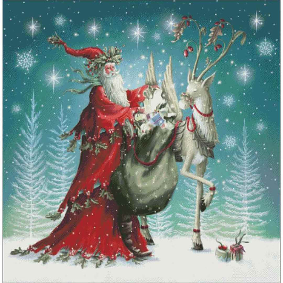 A stitched preview of the counted cross stitch pattern Forest Santa And Reindeer by Charting Creations