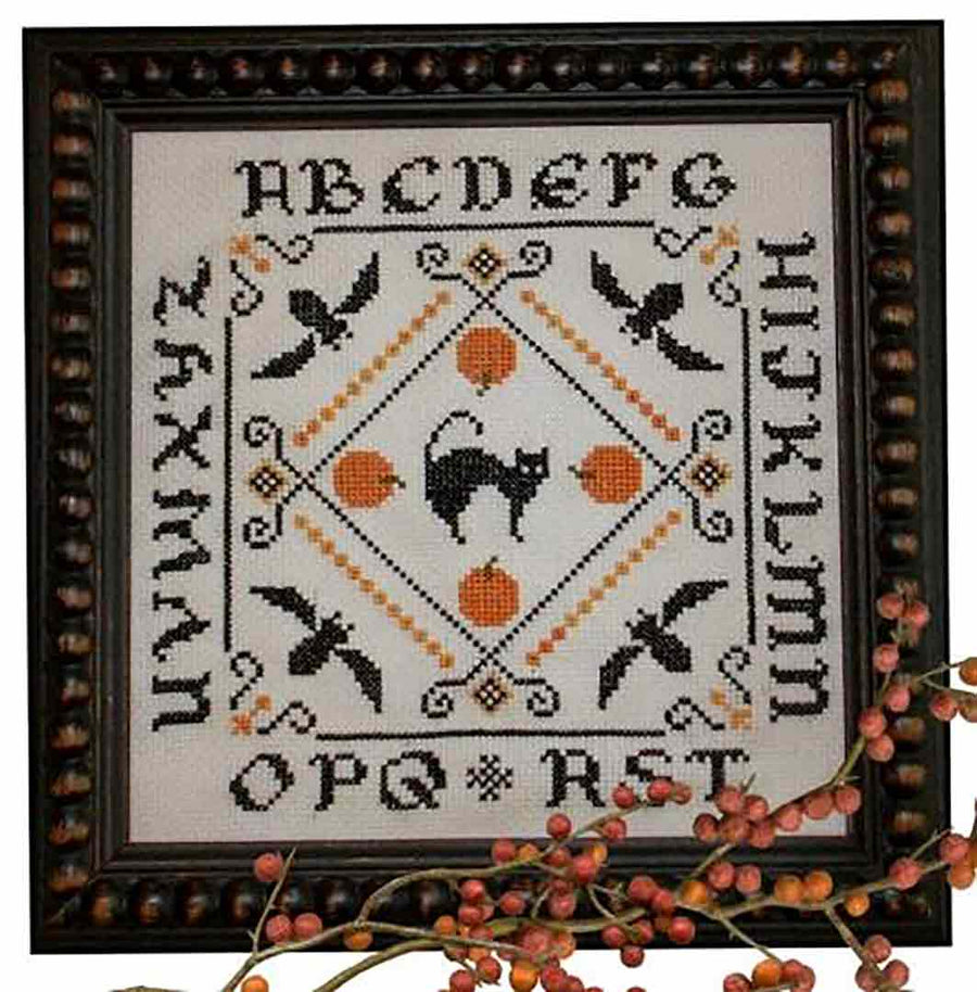 A stitched preview of the counted cross stitch pattern Four Bats And A Cat by Plum Pudding NeedleArt