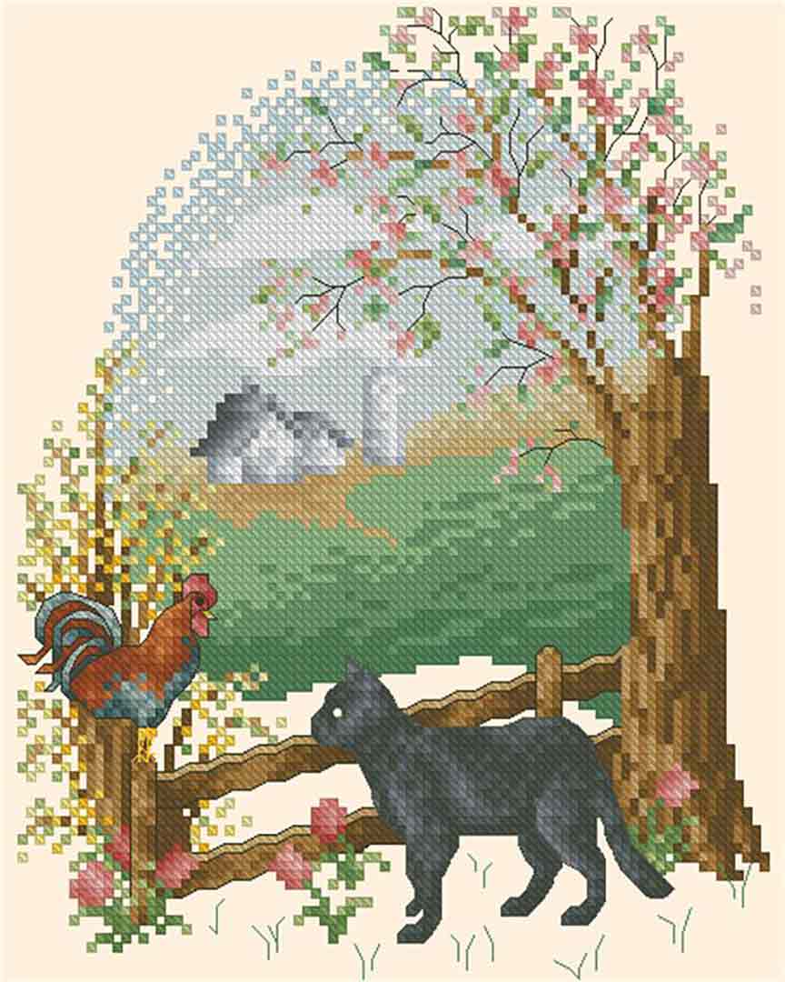 A stitched preview of the counted cross stitch pattern Four Seasons Cats Spring Friendship by Kitty & Me Designs