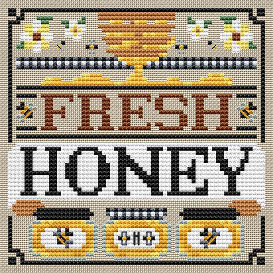 A stitched preview of the counted cross stitch pattern Fresh Honey by Erin Elizabeth Designs