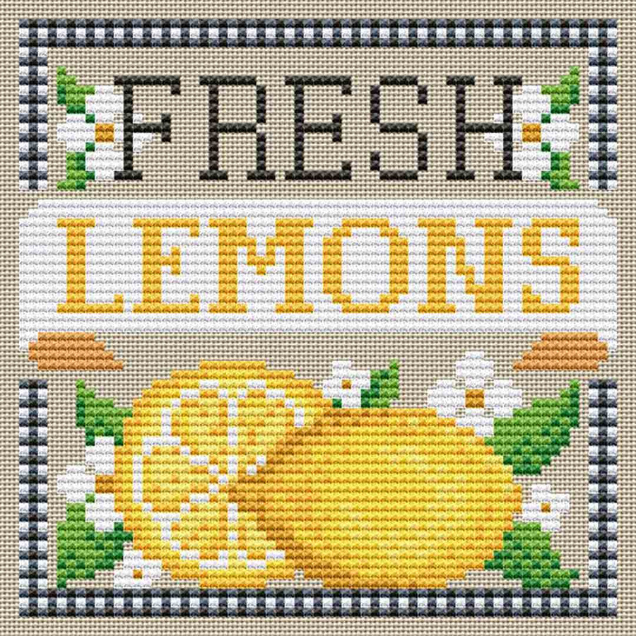 A stitched preview of the counted cross stitch pattern Fresh Lemons by Erin Elizabeth Designs