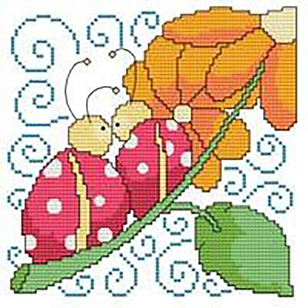 A stitched preview of the counted cross stitch pattern Friends Lady Bug by Marcia Manning