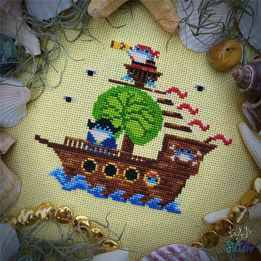A stitched preview of the counted cross stitch pattern Froggo Pirates by BAD Stitch