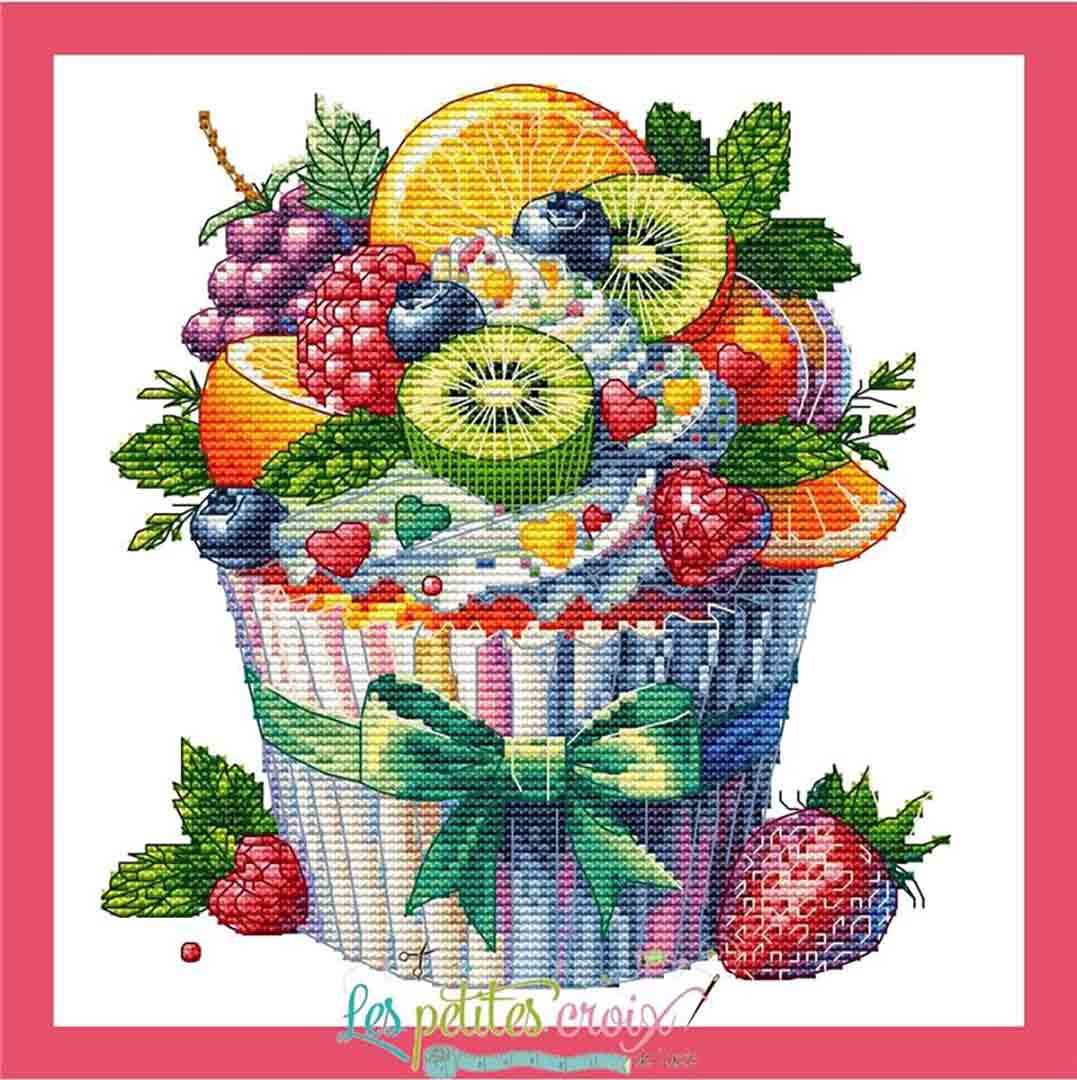 A stitched preview of the counted cross stitch pattern Fruits Cupcake by Les Petites Croix De Lucie