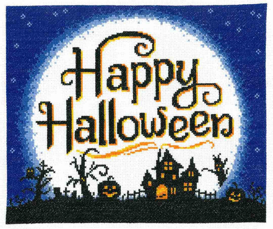 A stitched preview of the counted cross stitch pattern Full Moon Halloween by Ursula Michael