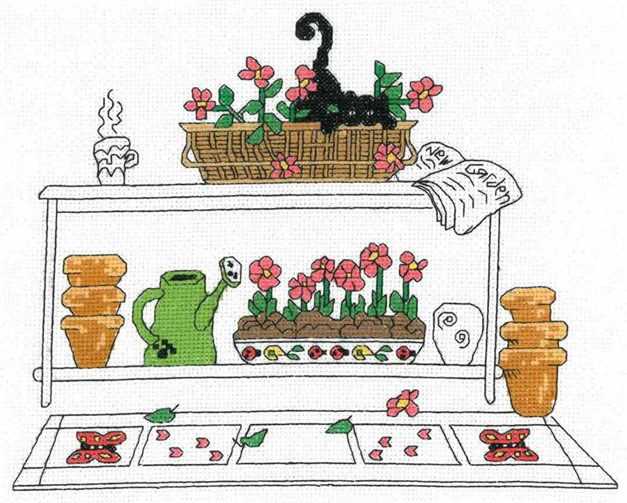 A stitched preview of the counted cross stitch pattern Garden Cat by Kats By Kelly