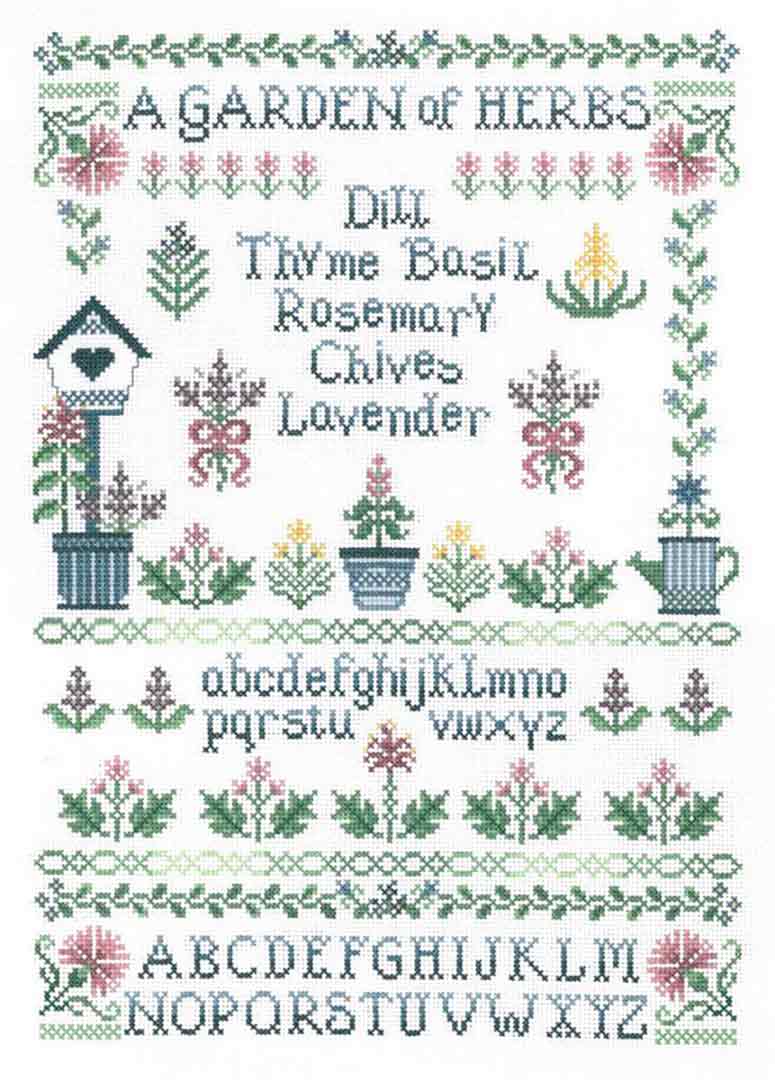 A stitched preview of the counted cross stitch pattern Garden Of Herbs by Linda Bird