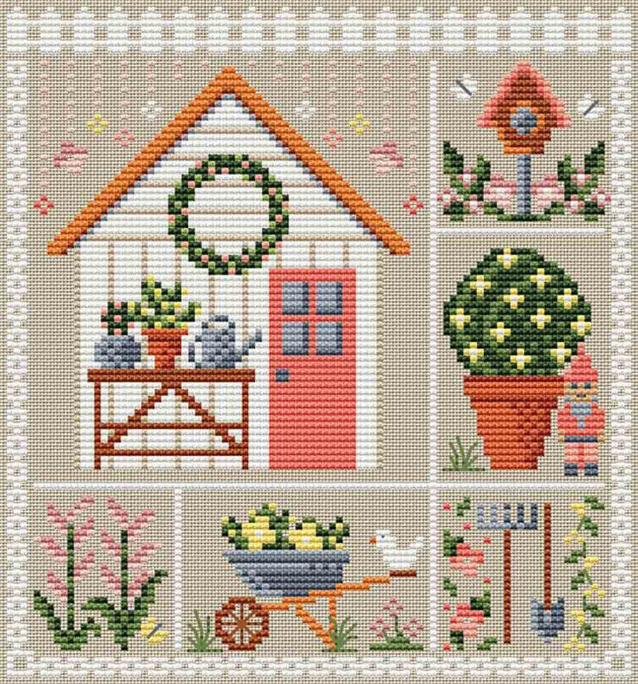 A stitched preview of the counted cross stitch pattern Garden Shed by Erin Elizabeth Designs