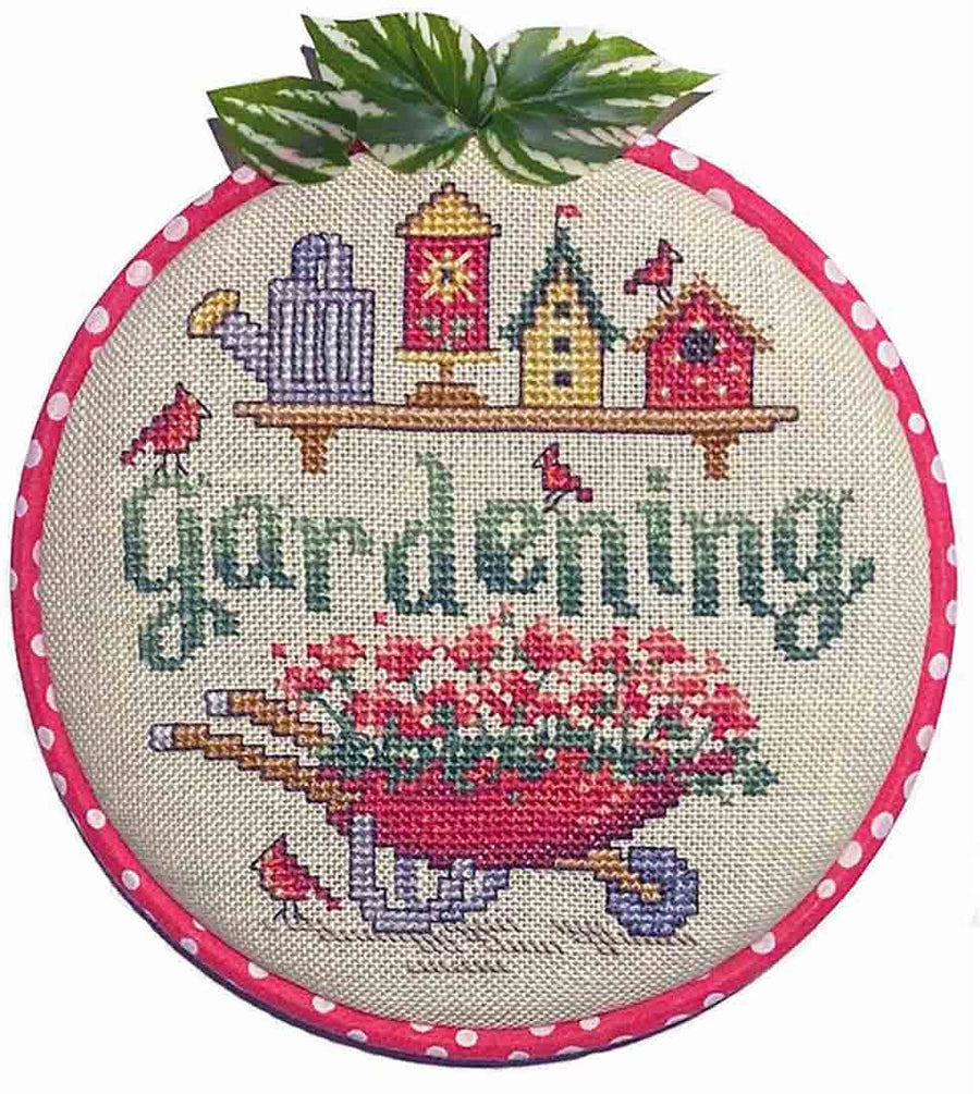 A stitched preview of the counted cross stitch pattern Gardening by Sue Hillis