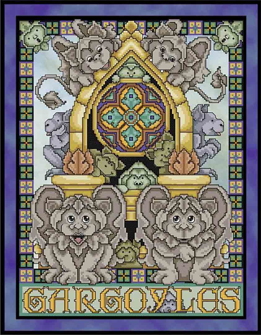 A stitched preview of the counted cross stitch pattern Gargoyles by Joan A Elliott