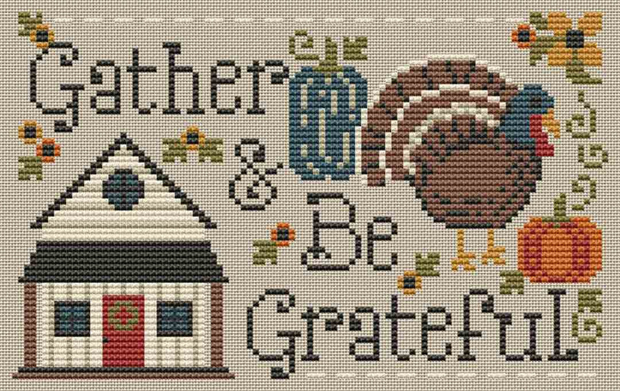 A stitched preview of the counted cross stitch pattern Gather And Be Grateful by Erin Elizabeth Designs