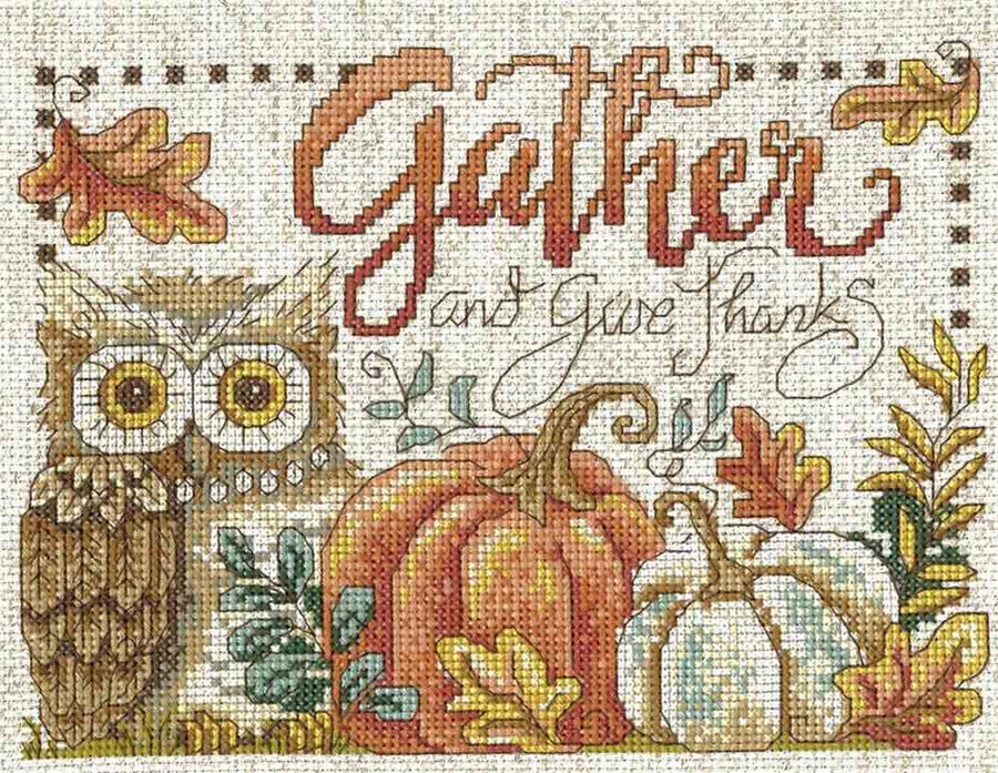A stitched preview of the counted cross stitch pattern Gather And Give Thanks by Diane Arthurs