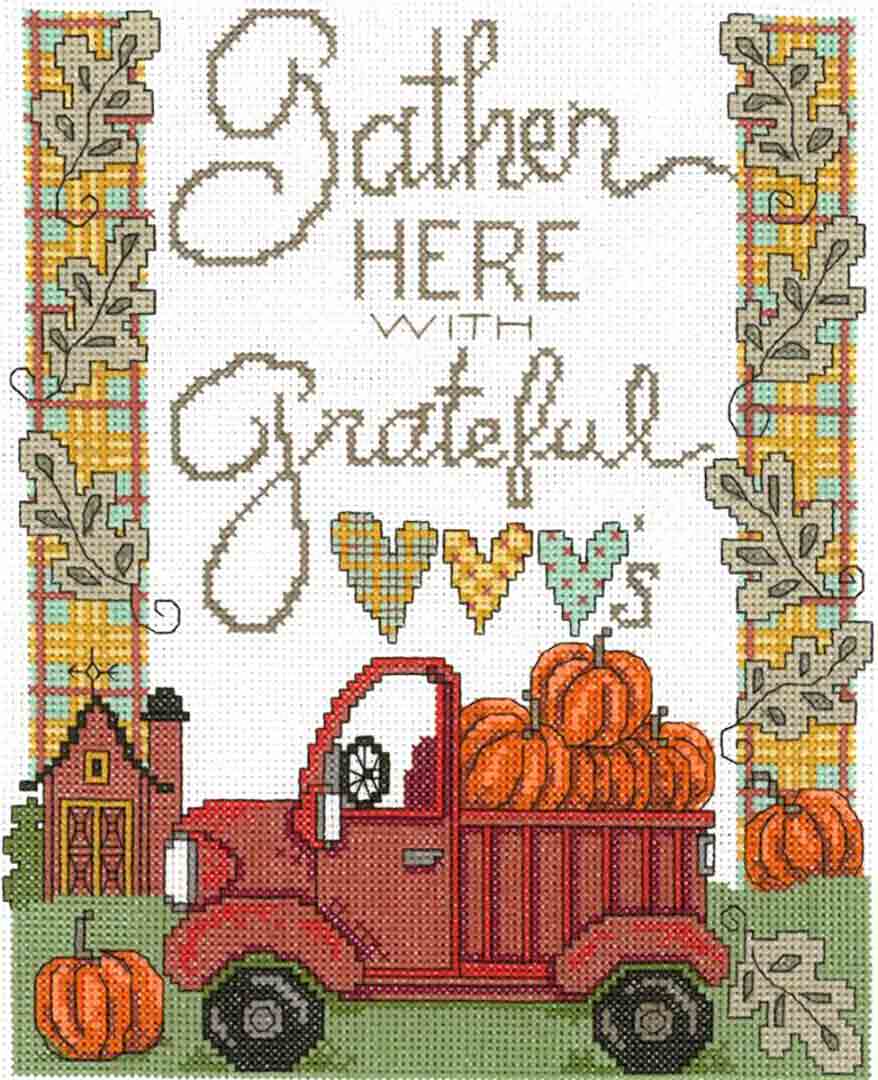 A stitched preview of the counted cross stitch pattern Gather With Grateful Hearts by Diane Arthurs