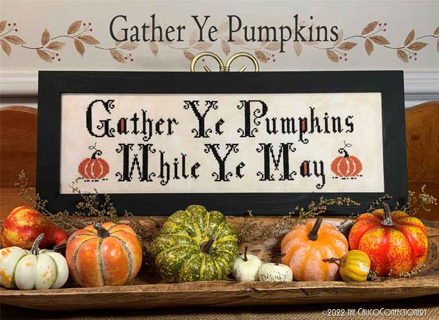 A stitched preview of the counted cross stitch pattern Gather Ye Pumpkins by The Calico Confectionery