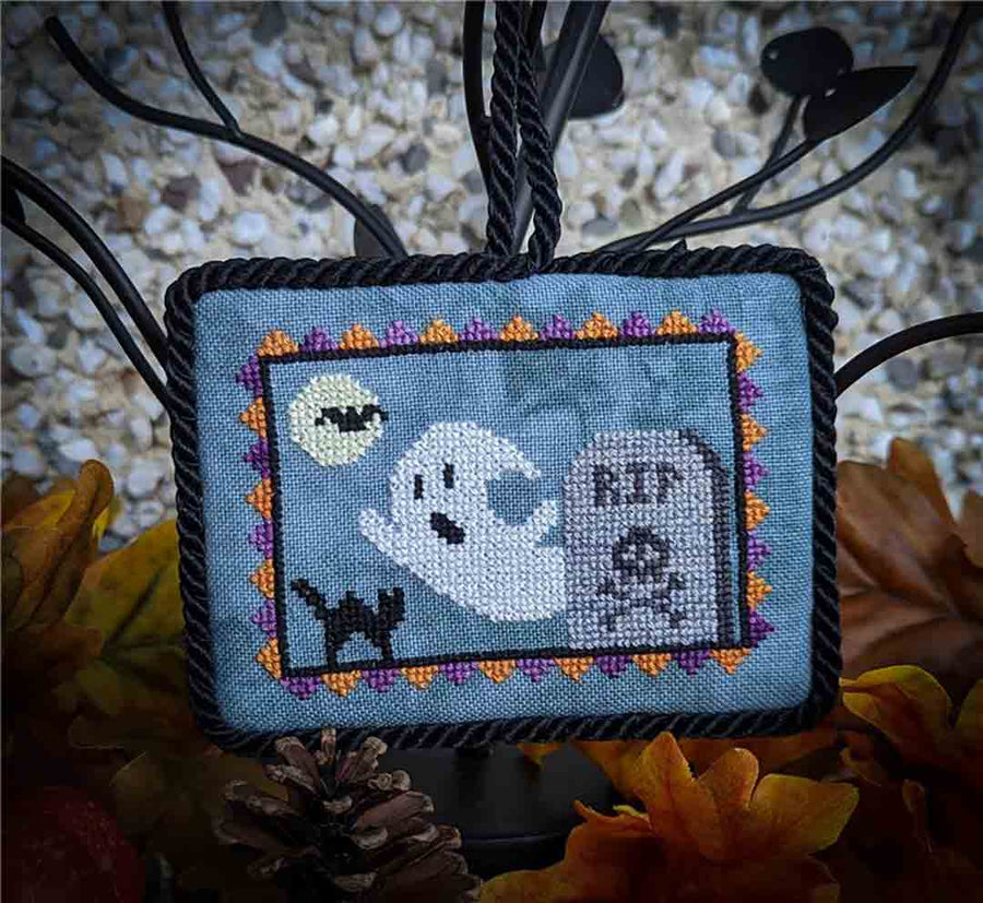 A stitched preview of the counted cross stitch pattern Ghost In The Graveyard by KEB Studio Creations