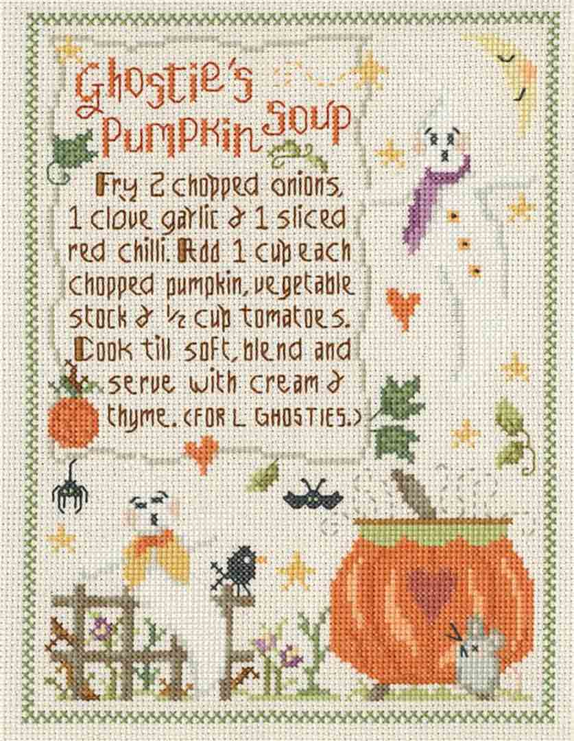 A stitched preview of the counted cross stitch pattern Ghostie's Pumpkin Soup by Gail Bussi