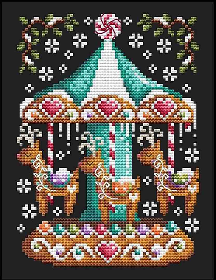 A stitched preview of the counted cross stitch pattern Gingerbread Carousel by Shannon Christine Designs