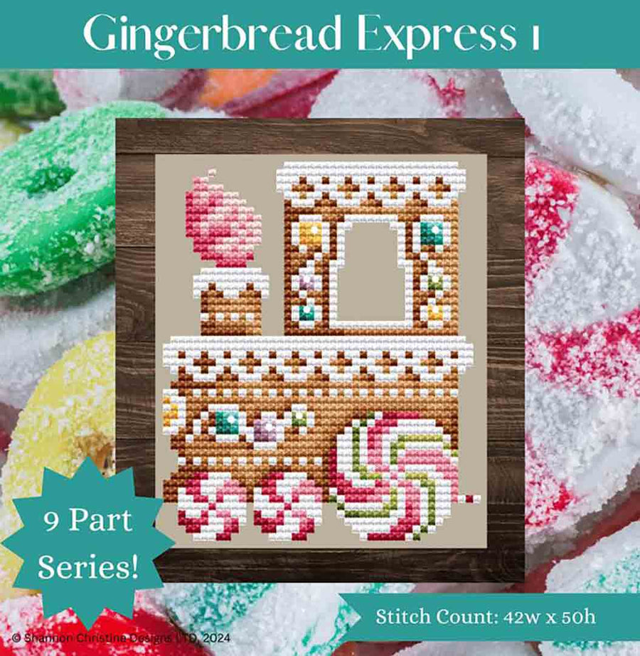 A stitched preview of the counted cross stitch pattern Gingerbread Express 1 by Shannon Christine Designs