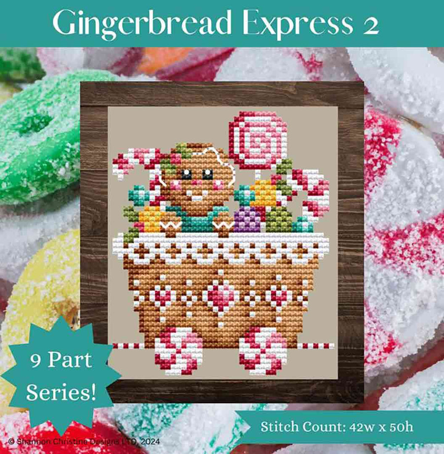 A stitched preview of the counted cross stitch pattern Gingerbread Express 2 by Shannon Christine Designs