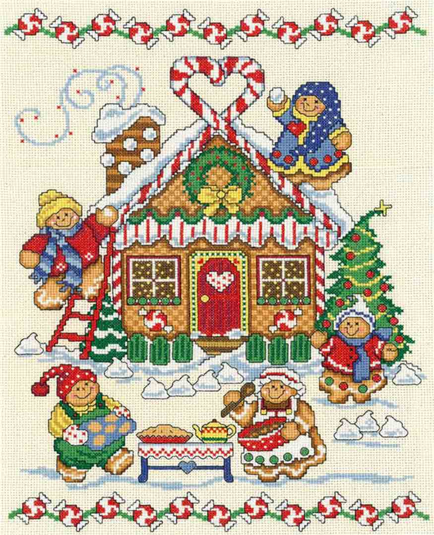 A stitched preview of the counted cross stitch pattern Gingerbread Family by Ursula Michael